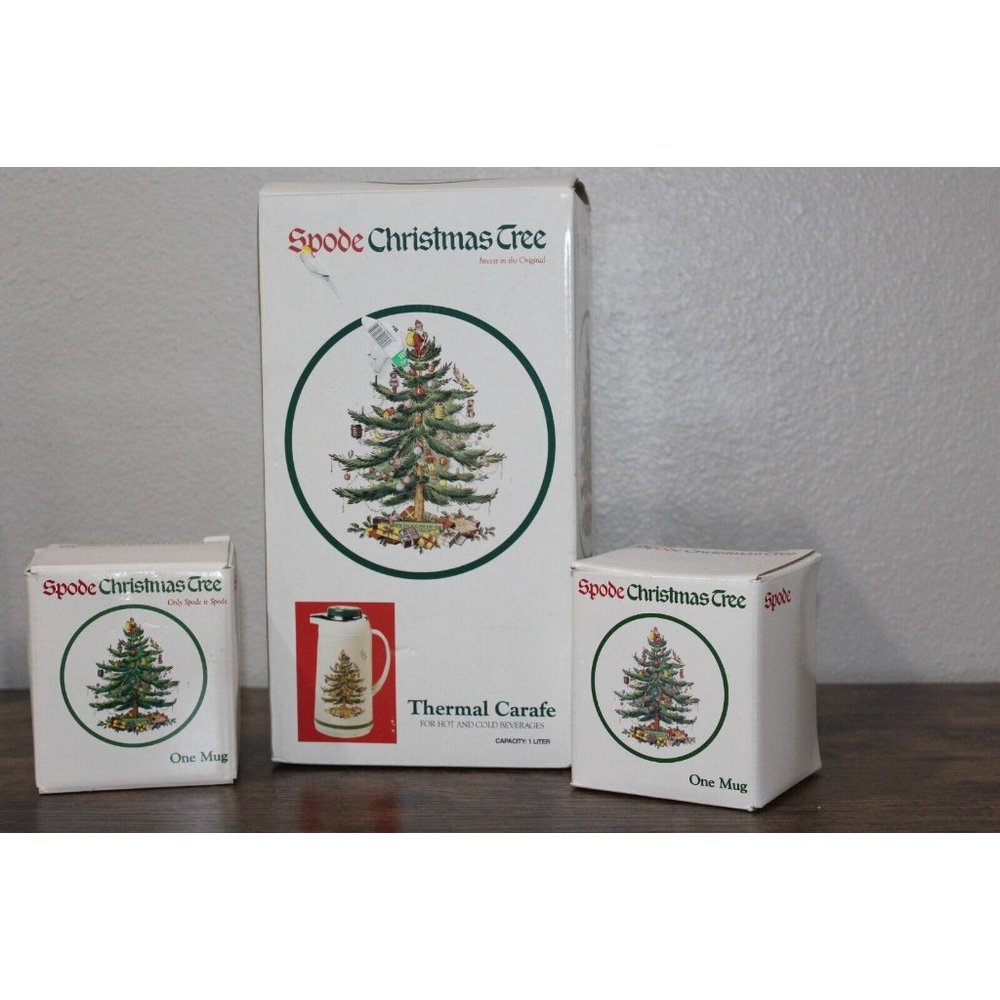 Vintage Spode Christmas Tree Thermal Carafe Thermos Hot/Cold 2 coffee cups NOB